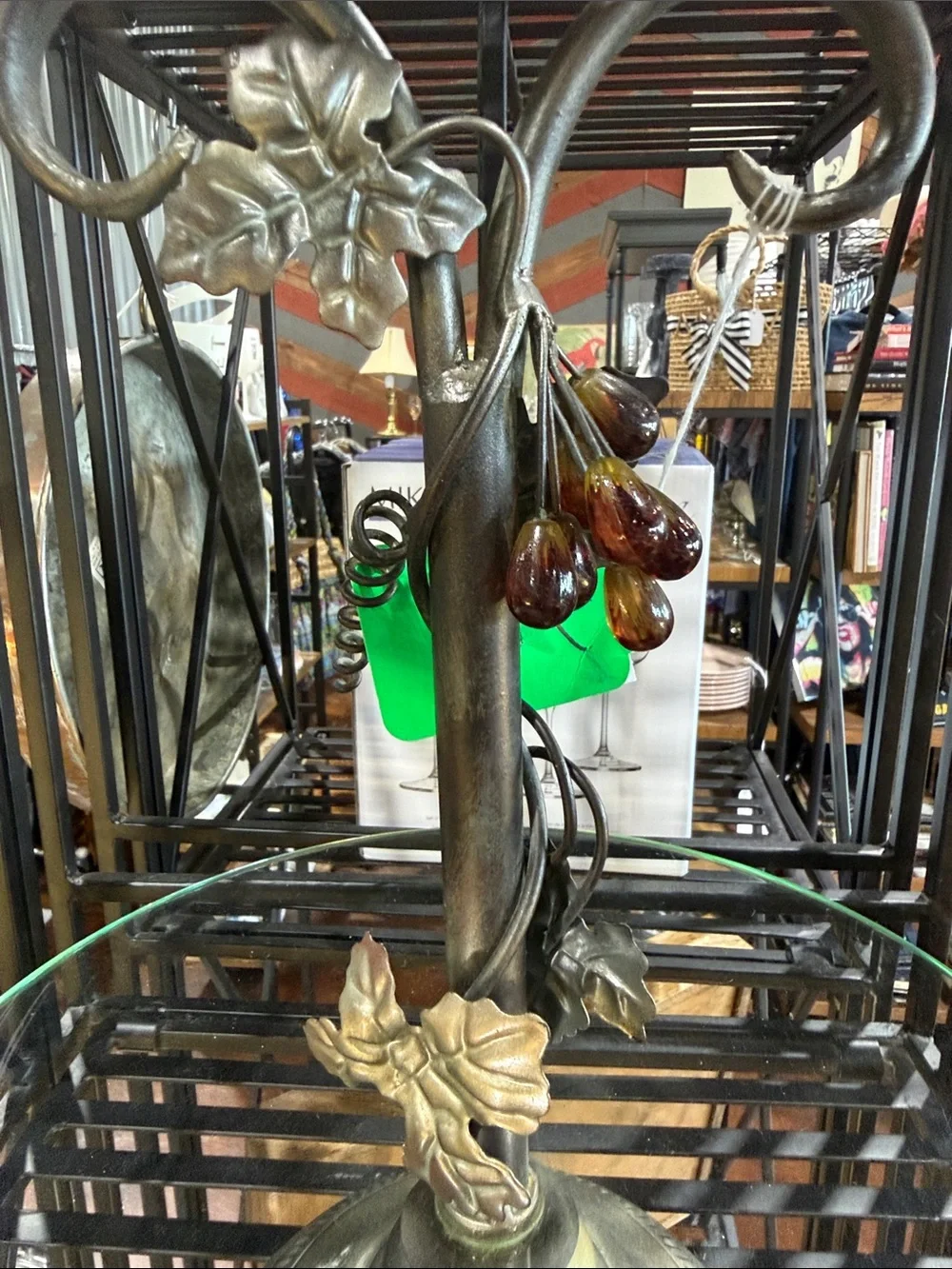 Antique-Style Brass Glass Display Stand with Grape Accent - Gold/Brass 17 inche